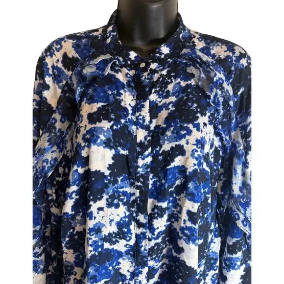 Lauren Ralph Lauren Womens Blue Floral Ruffle Blouse Button Front Size Large - Picture 2 of 10